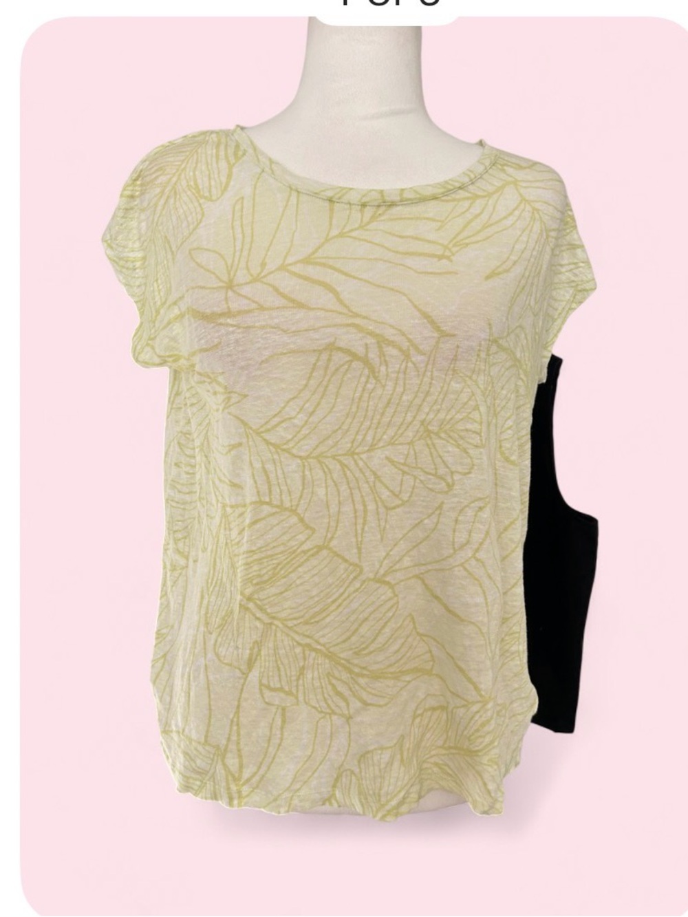 Tahari 100% linen Women’s Leaf-Print Short Sleeve Top with button back detail -M